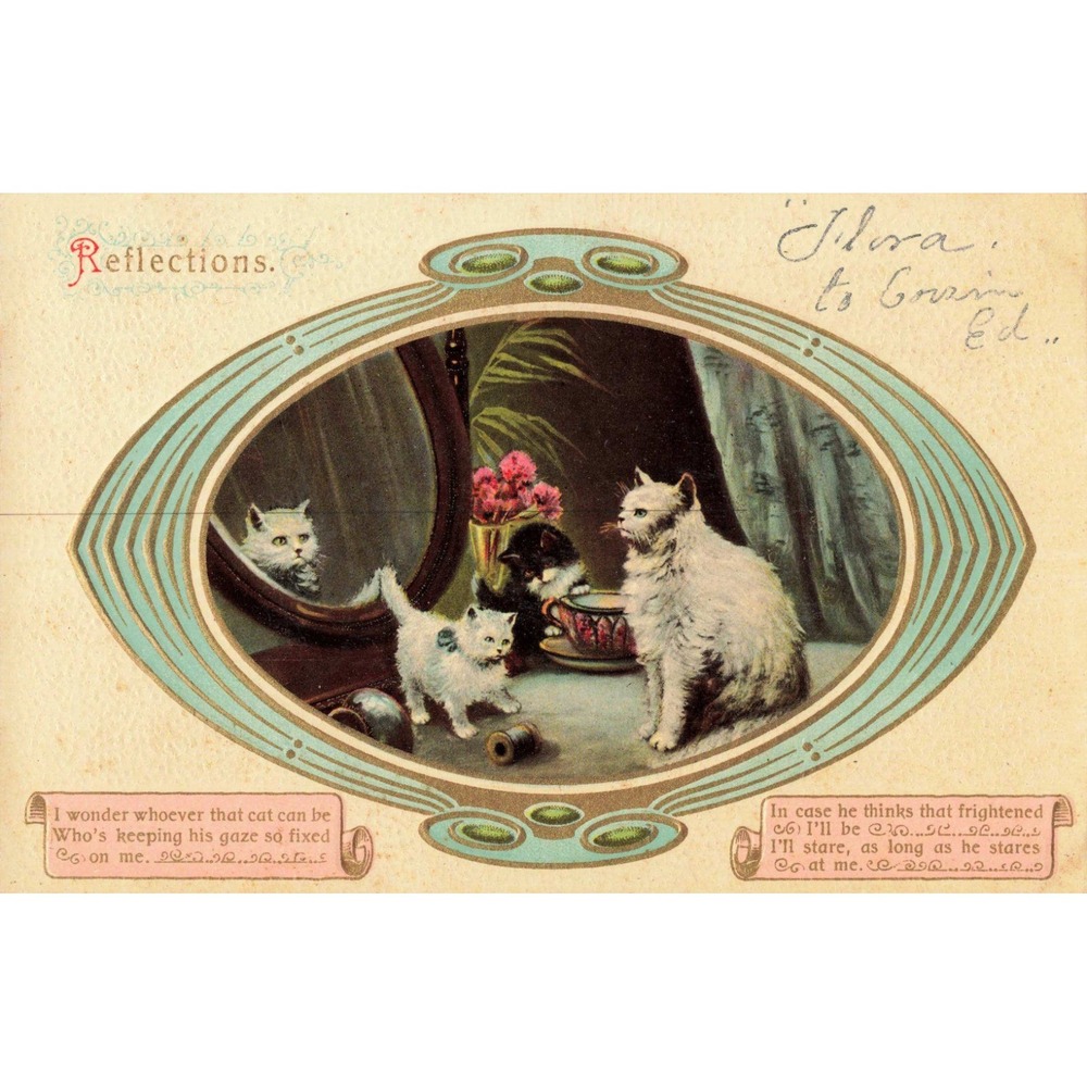Antique Embossed Postcard Reflections Kittens Mirror Made in Saxony Serie 4300